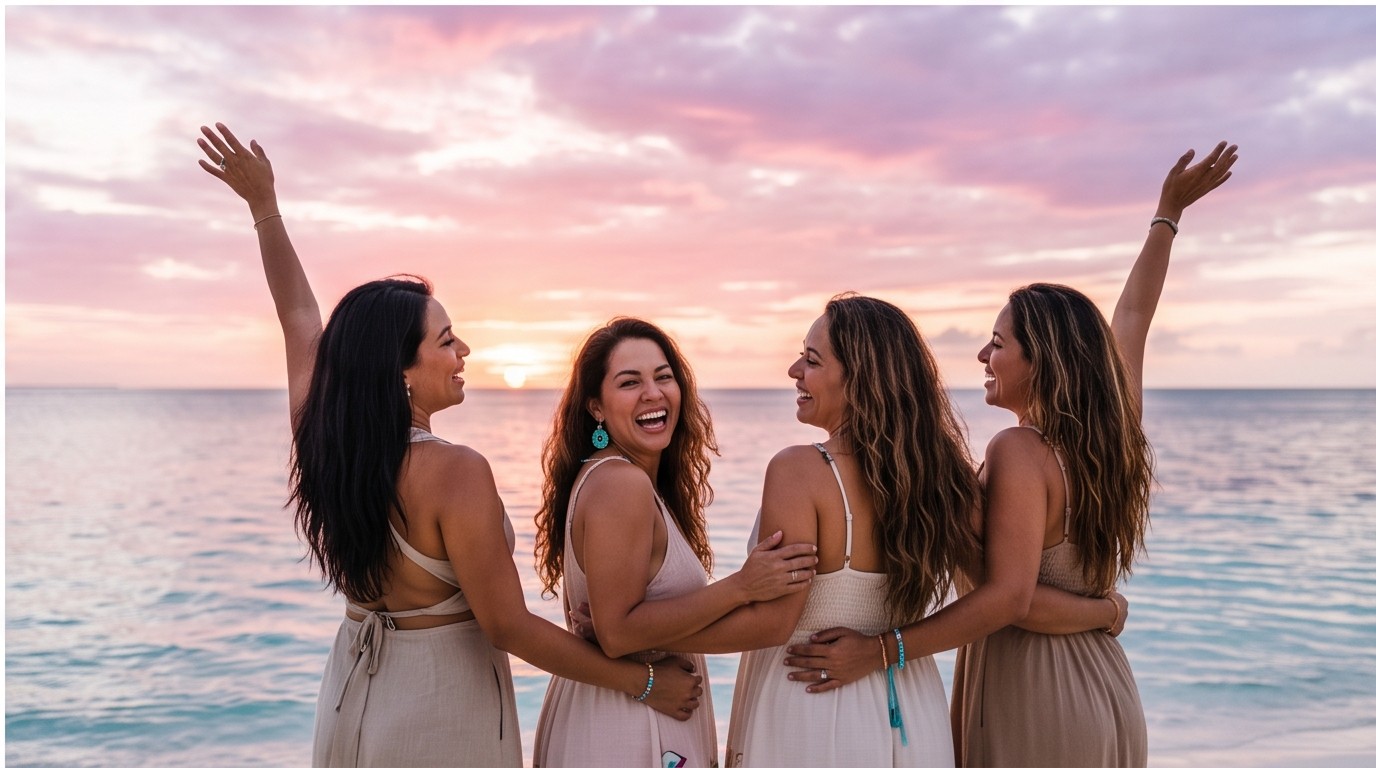 Amigas celebrando en la playa al atardecer